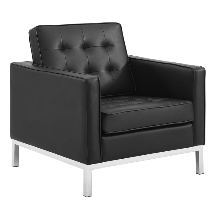 Loft Tufted Upholstered Faux Leather Loveseat and Armchair Set Silver Black