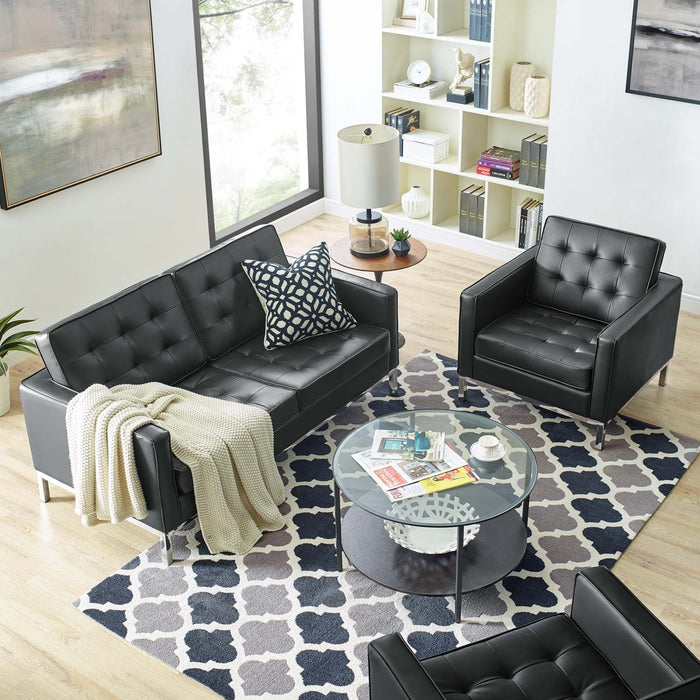 Loft Tufted Upholstered Faux Leather Loveseat and Armchair Set Silver Black