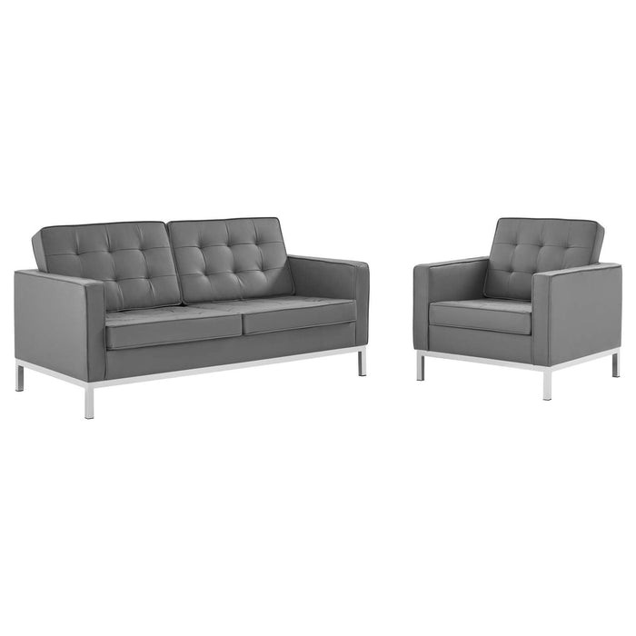 Loft Tufted Upholstered Faux Leather Loveseat and Armchair Set Silver Gray