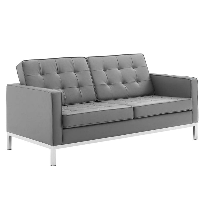 Loft Tufted Upholstered Faux Leather Loveseat and Armchair Set Silver Gray