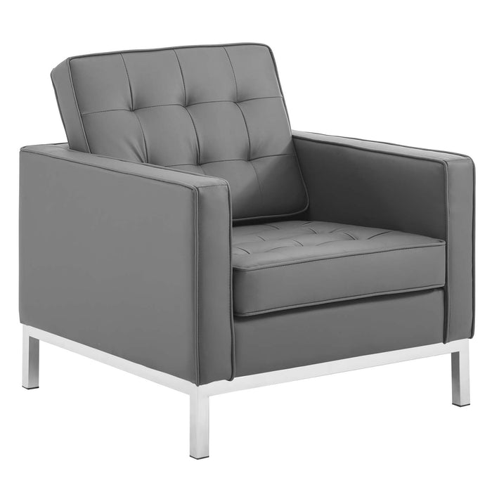 Loft Tufted Upholstered Faux Leather Loveseat and Armchair Set Silver Gray