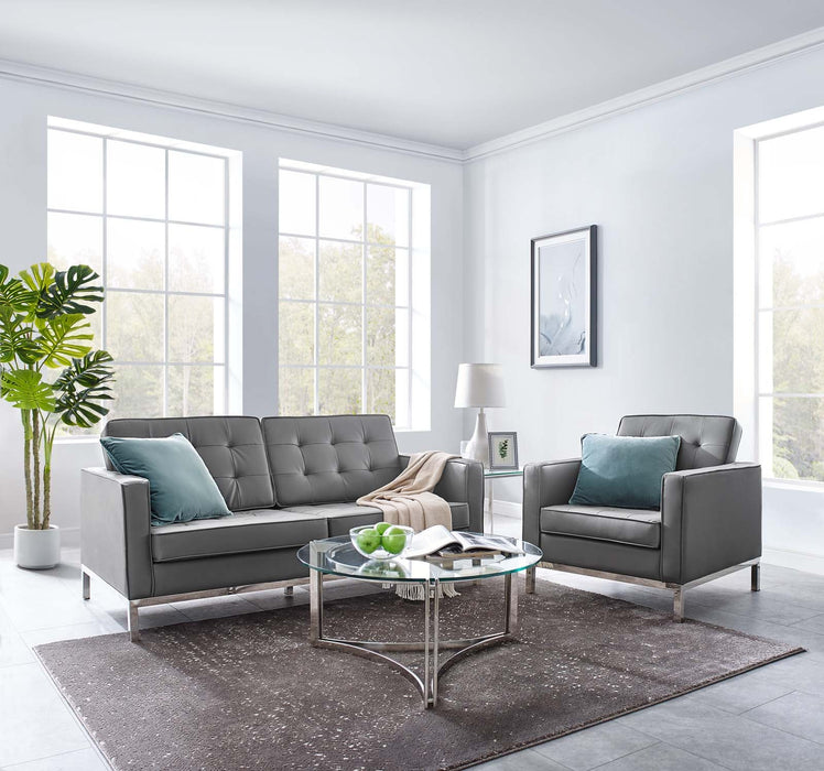 Loft Tufted Upholstered Faux Leather Loveseat and Armchair Set Silver Gray