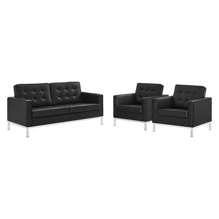 Loft 3 Piece Tufted Upholstered Faux Leather Set Silver Black