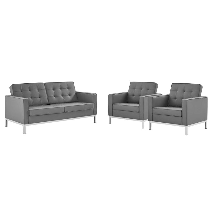 Loft 3 Piece Tufted Upholstered Faux Leather Set Silver Gray