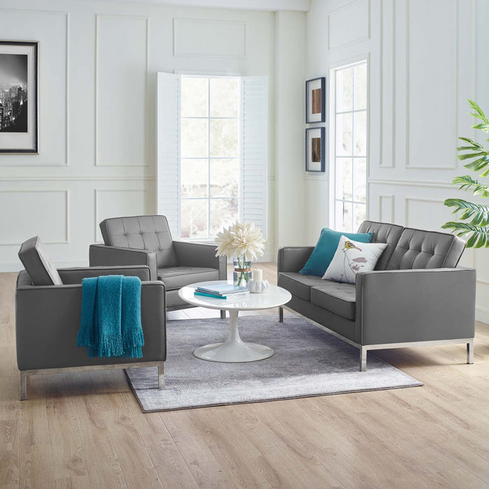 Loft 3 Piece Tufted Upholstered Faux Leather Set Silver Gray