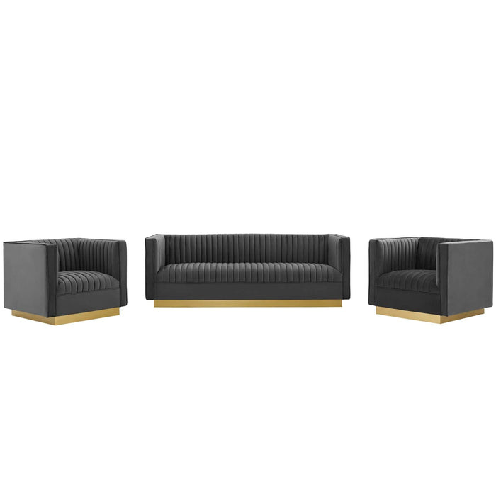 Modway Sanguine 3 Piece Vertical Channel Tufted Upholstered Performance Velvet Set Living Room Furniture in Blue