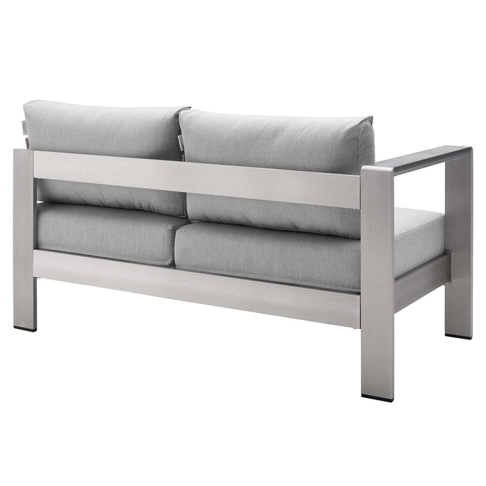 Shore Sunbrella® Fabric Aluminum Outdoor Patio Left-Arm Loveseat - in lifestyle setting