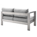 Shore Sunbrella® Fabric Aluminum Outdoor Patio Left-Arm Loveseat - in lifestyle setting