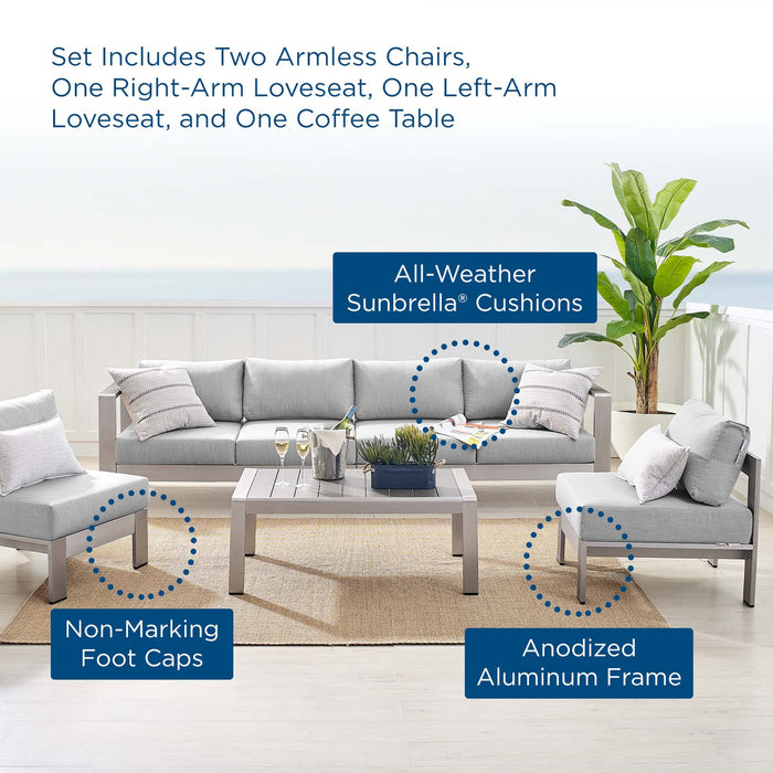 Shore 5 Piece Sunbrella® Fabric Outdoor Patio Aluminum Sectional Sofa Set