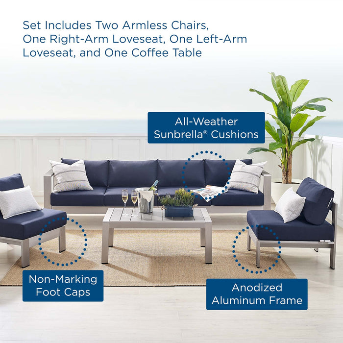 Shore 5 Piece Sunbrella® Fabric Outdoor Patio Aluminum Sectional Sofa Set