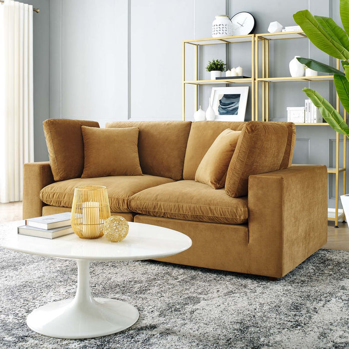 Commix Down Filled Loveseat - Luxurious Performance Velvet, Overstuffed Comfort for Modern Living Rooms