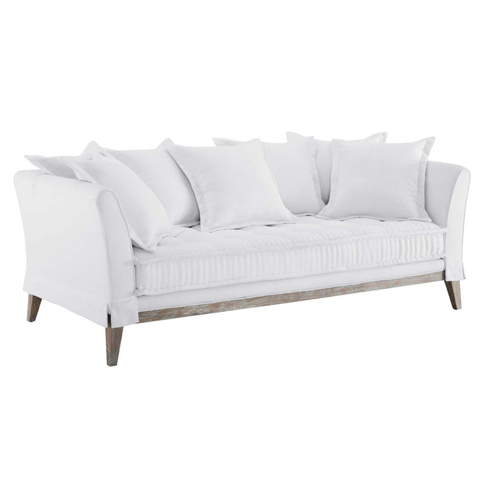 Rowan Fabric Sofa – Modern Farmhouse Design with Soft Upholstery and Seven Cozy Throw Pillows
