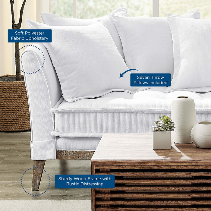 Rowan Fabric Sofa – Modern Farmhouse Design with Soft Upholstery and Seven Cozy Throw Pillows