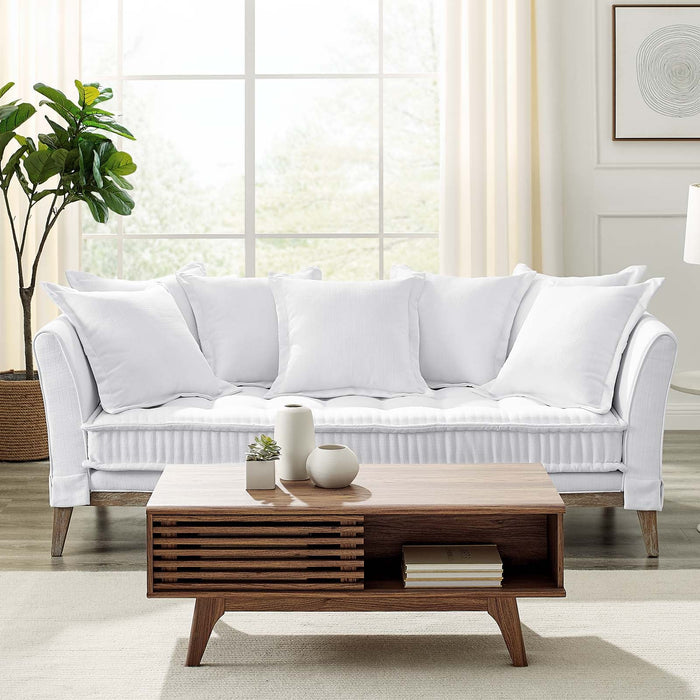 Rowan Fabric Sofa – Modern Farmhouse Design with Soft Upholstery and Seven Cozy Throw Pillows