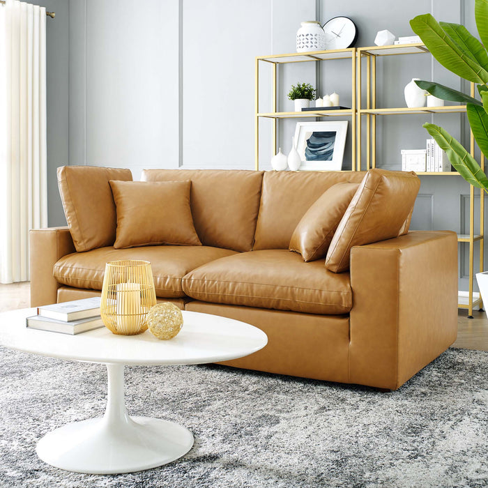 Commix Down Filled Overstuffed Vegan Leather Loveseat Tan