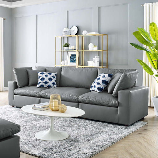 Commix Down Filled Overstuffed Vegan Leather 3-Seater Sofa Gray