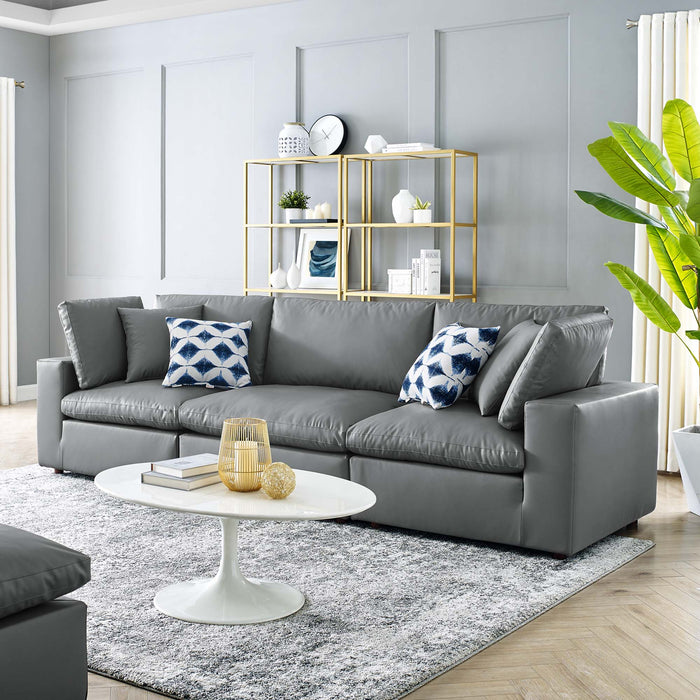 Commix Down Filled Overstuffed Vegan Leather 3-Seater Sofa Gray