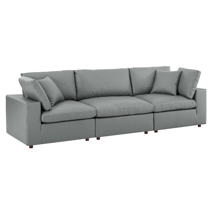 Commix Down Filled Overstuffed Vegan Leather 3-Seater Sofa Gray