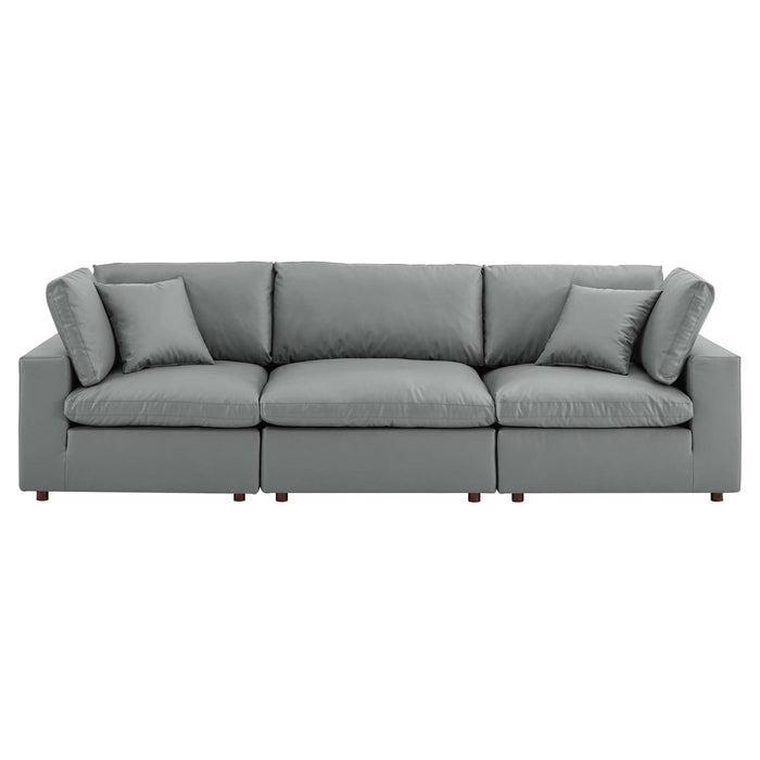 Commix Down Filled Overstuffed Vegan Leather 3-Seater Sofa Gray