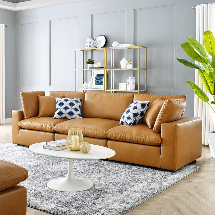 Commix Down Filled Overstuffed Vegan Leather 3-Seater Sofa Tan