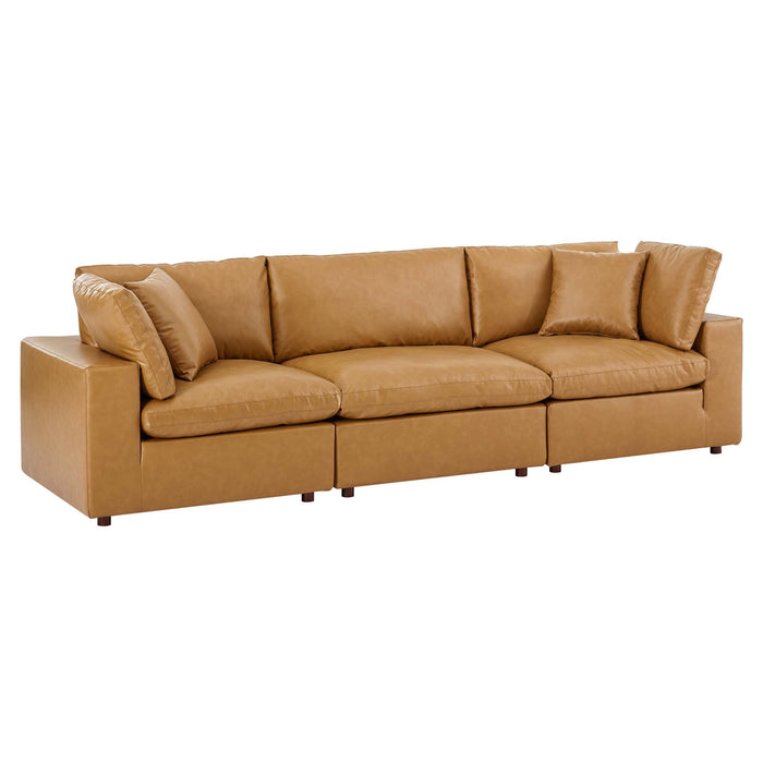 Commix Down Filled Overstuffed Vegan Leather 3-Seater Sofa Tan
