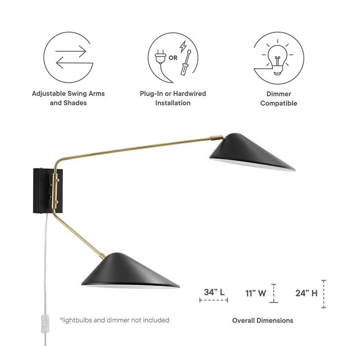Modway Journey 2-Light Swing Arm Wall Sconce in Black - Detail View
