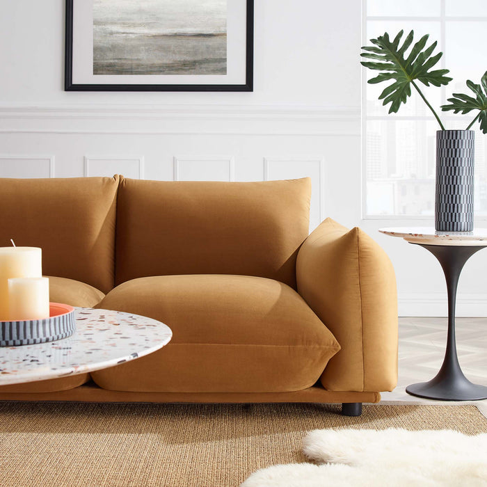 Copious Performance Velvet Sofa - in lifestyle setting