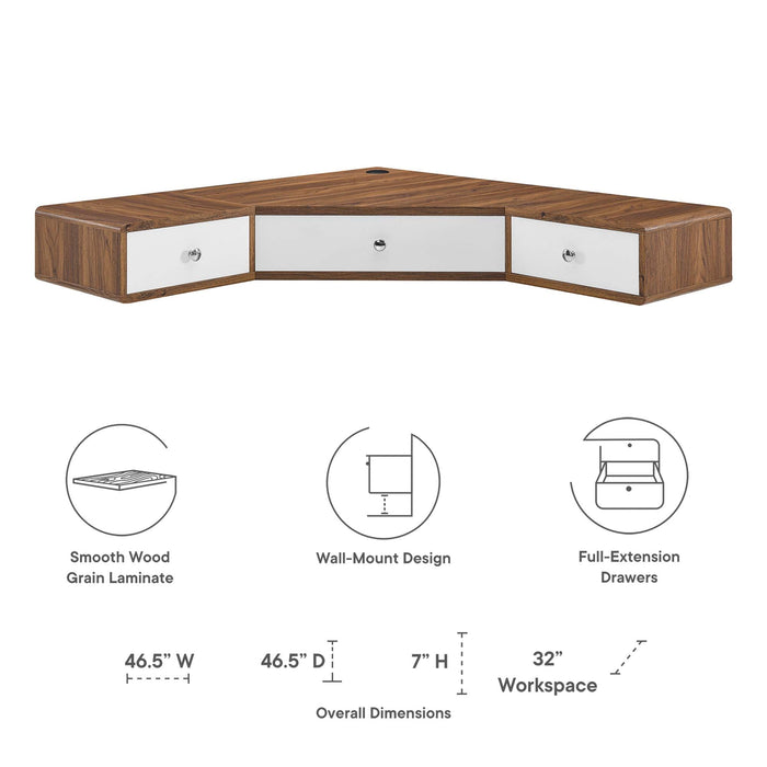 Modway Transmit 47" Wall Mount Corner Walnut Office Desk in White - Side View