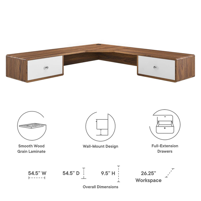 Modway Transmit 55" Wall Mount Corner Wood Office Desk in White - Side View