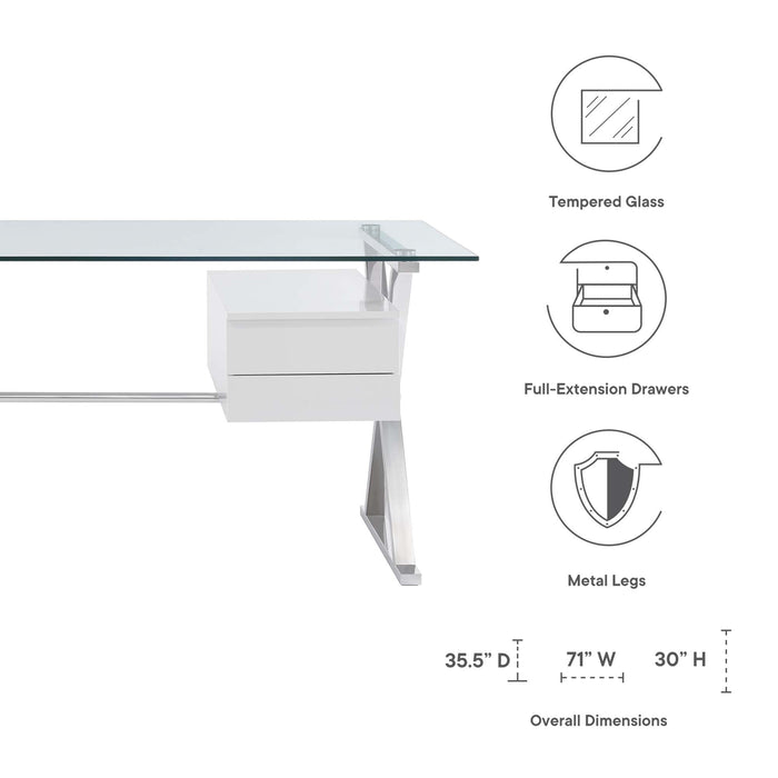 Modway Sector 71" Glass Top Glass Office Desk in White - Side View
