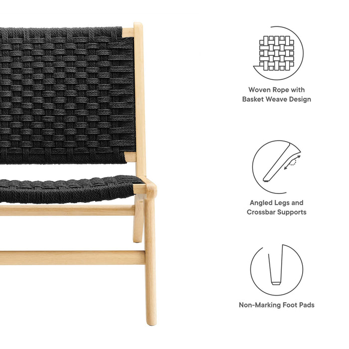 Modway Saoirse Woven Rope Wood Accent Lounge Chair Living Room Furniture in Black - Detail View