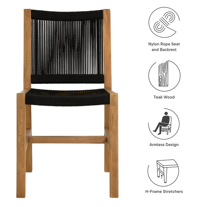 Vienna Outdoor Patio Teak and Rope Armless Dining Chairs Set of 2 Natural Black