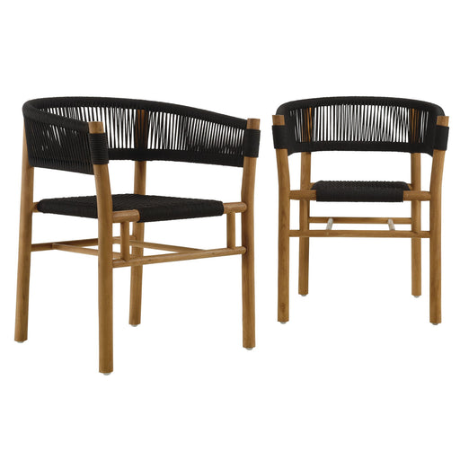 Vienna Outdoor Patio Teak and Rope Curved-Back Dining Armchairs Set of 2 Natural Black
