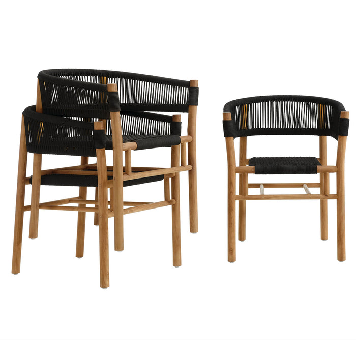 Vienna Outdoor Patio Teak and Rope Curved-Back Dining Armchairs Set of 2 Natural Black