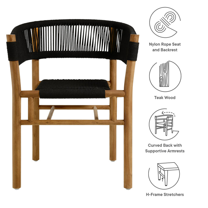 Vienna Outdoor Patio Teak and Rope Curved-Back Dining Armchairs Set of 2 Natural Black