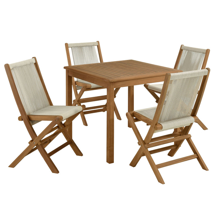 Vienna 5-Piece Outdoor Patio Teak Wood Dining Set with Rope Folding Chairs