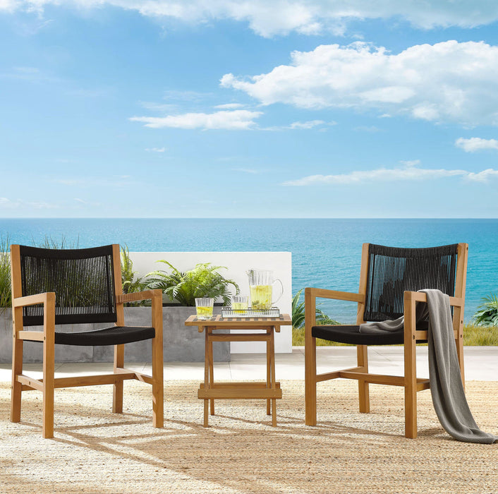 Vienna 3-Piece Outdoor Patio Teak and Rope Armchairs with Folding Side Table Natural Black