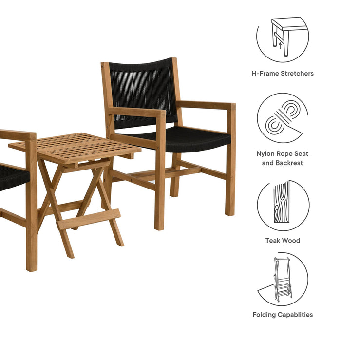 Vienna 3-Piece Outdoor Patio Teak and Rope Armchairs with Folding Side Table Natural Black