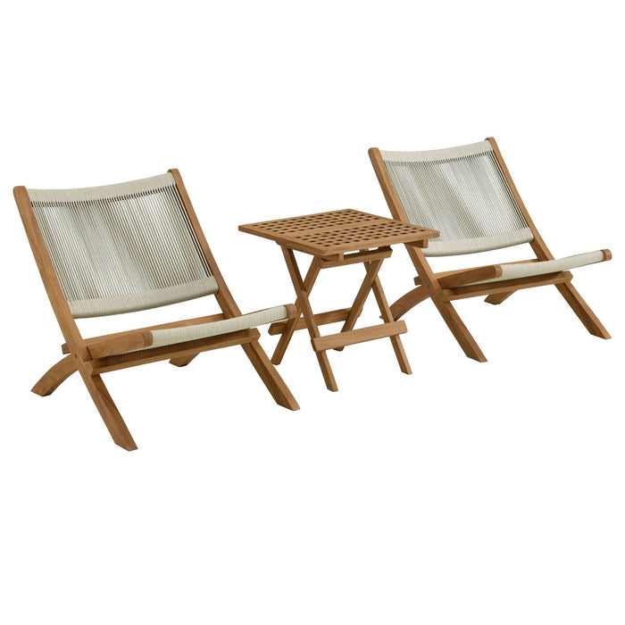 Vienna 3-Piece Outdoor Patio Teak and Rope Folding Lounge Chairs and Side Table