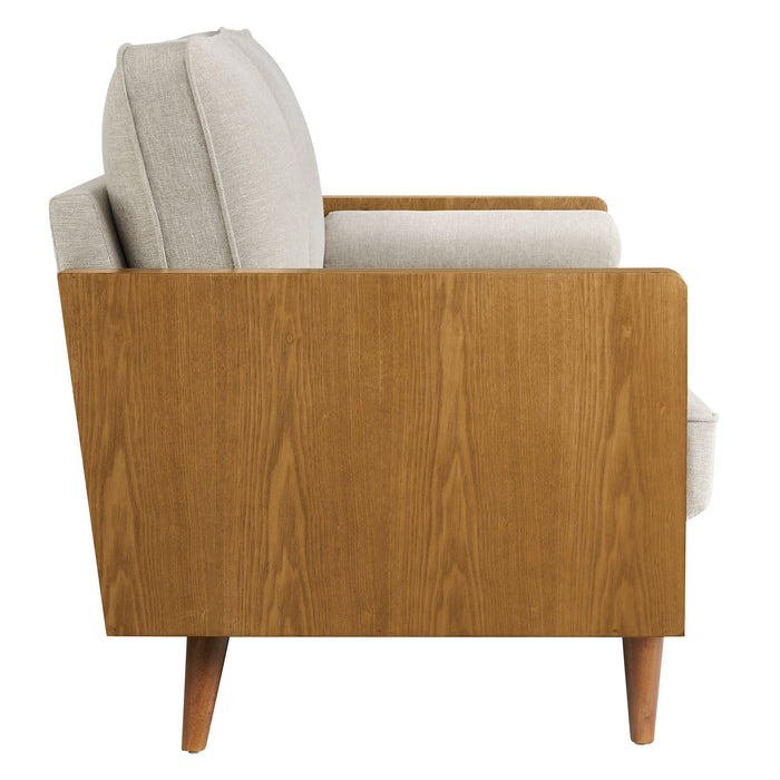 Kellan Upholstered Loveseat with Wood Grain Armrests - detail close-up