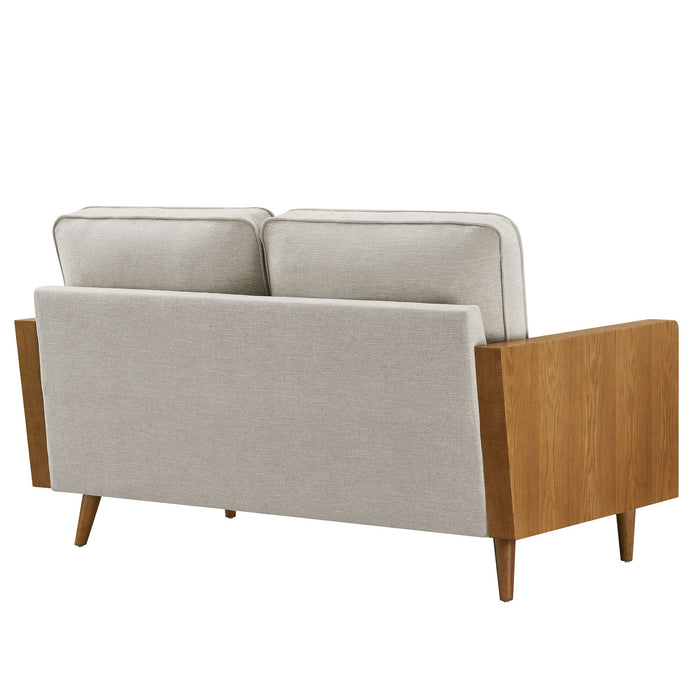 Kellan Upholstered Loveseat with Wood Grain Armrests - back view