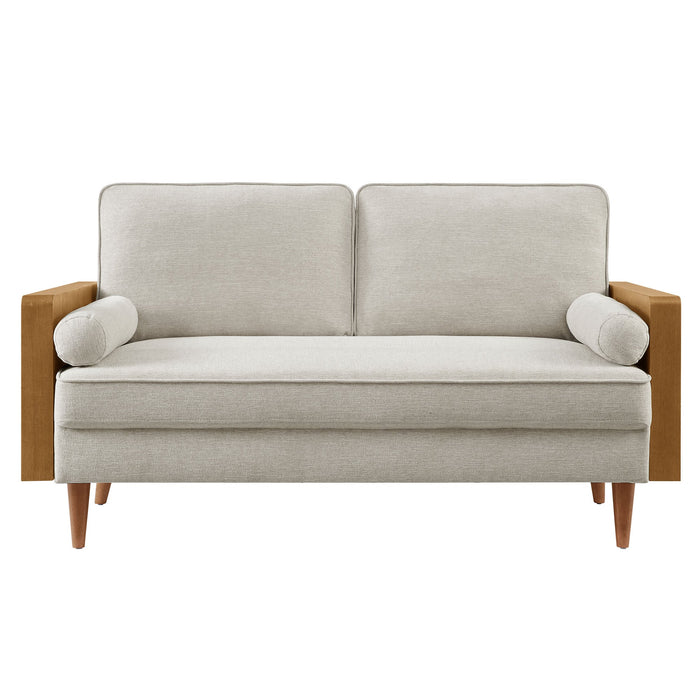 Kellan Upholstered Loveseat with Wood Grain Armrests - specifications diagram