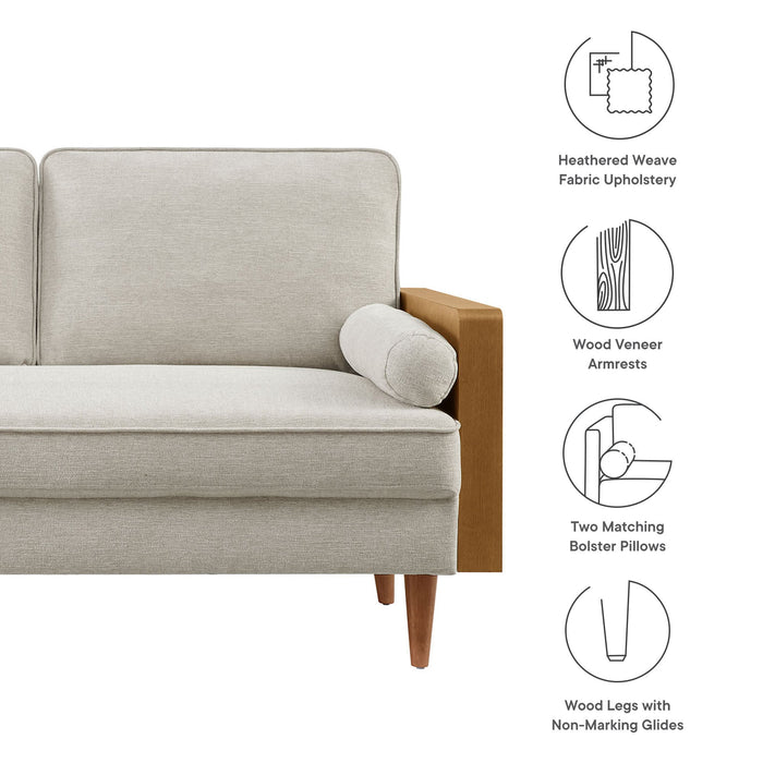 Kellan Upholstered Loveseat with Wood Grain Armrests - angle view