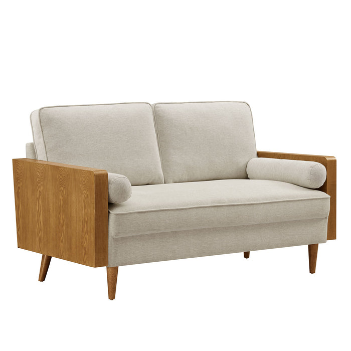 Kellan Upholstered Loveseat with Wood Grain Armrests - front view