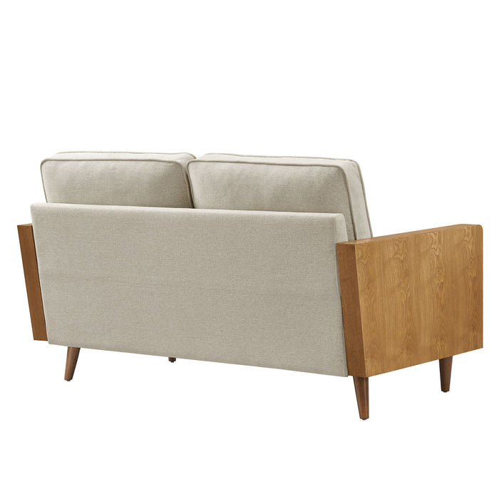 Kellan Upholstered Loveseat with Wood Grain Armrests - installation view