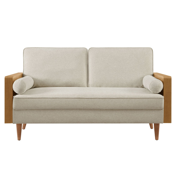 Kellan Upholstered Loveseat with Wood Grain Armrests - product label
