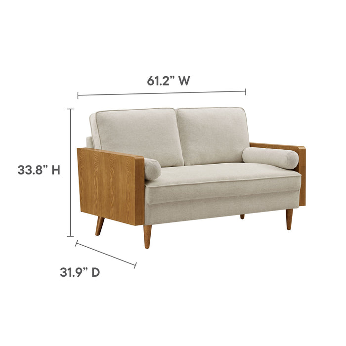 Kellan Upholstered Loveseat with Wood Grain Armrests - interior view