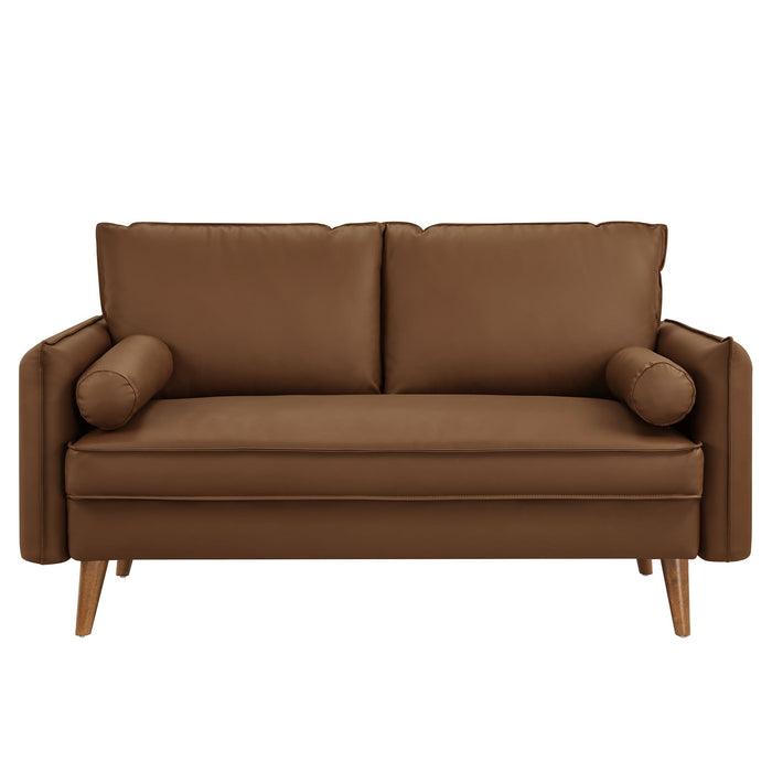 Revive Modern Vegan Leather Loveseat with Plush Pillows for Chic Living Room Comfort and Style - product label