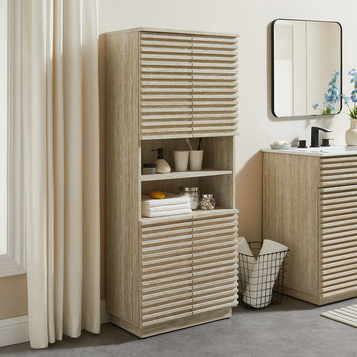Render Tall Faux Travertine Linen Storage Cabinet