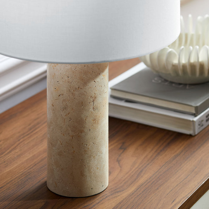 Zenith Travertine Table Lamp With Fabric Drum Shade